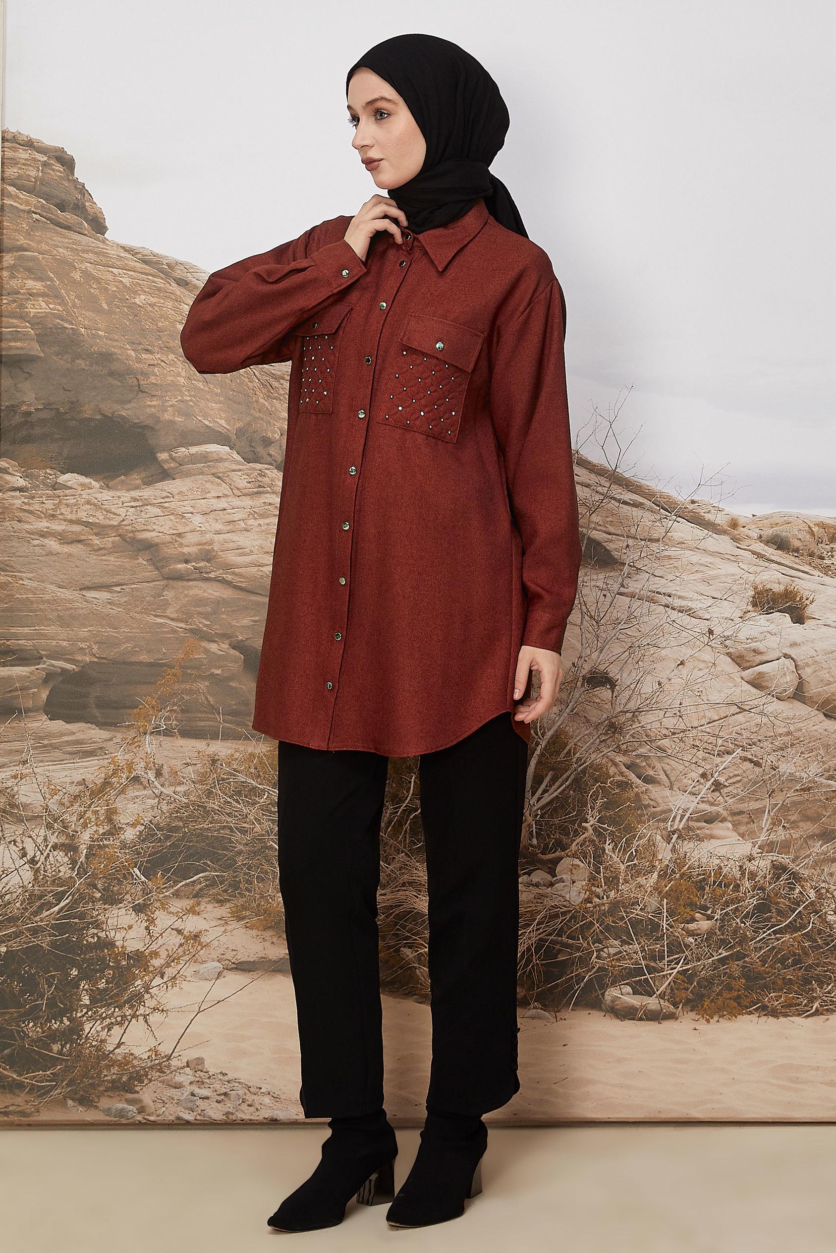 Tesettür giyim BORDO GÖMLEK YAKA TUNİK 46200
