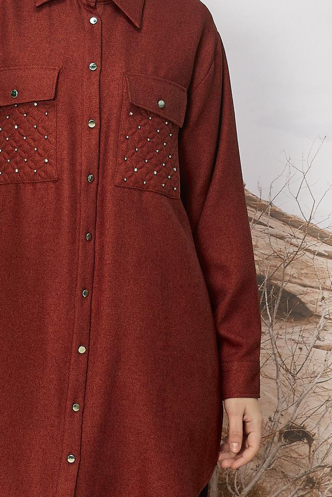 Tesettür giyim BORDO GÖMLEK YAKA TUNİK 46200 - ALVİNA