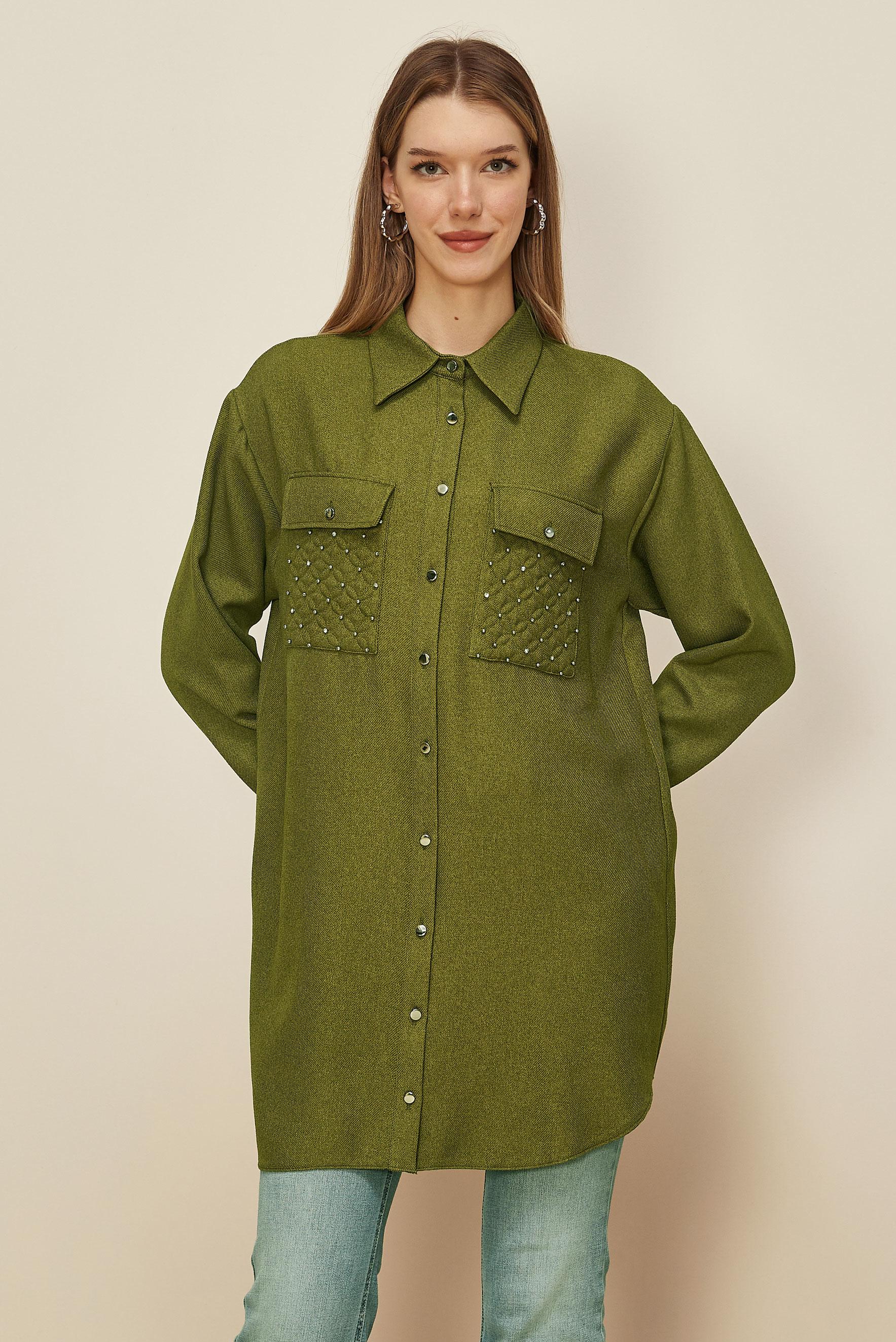 Tesettür giyim YEŞİL GÖMLEK YAKA TUNİK 46200