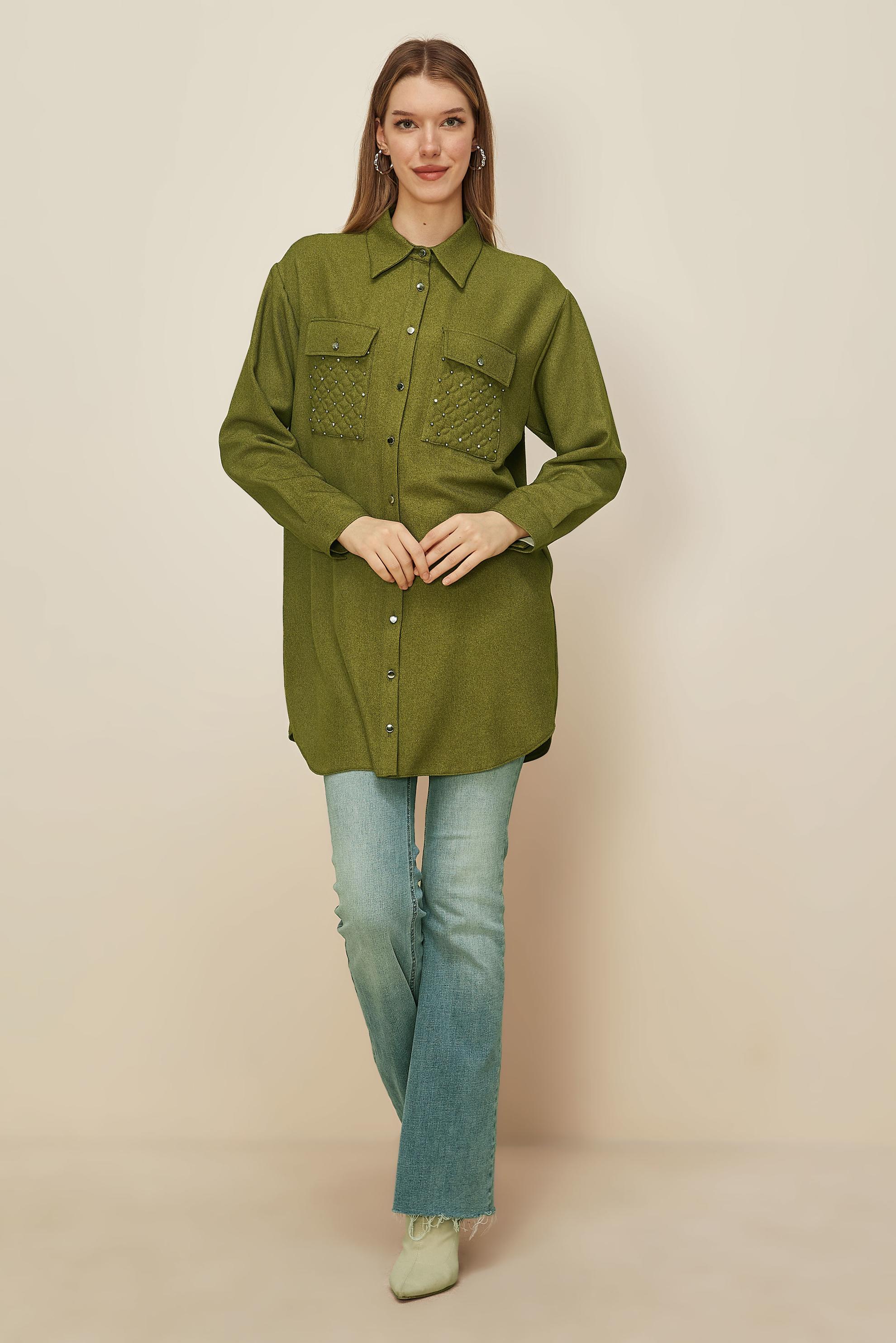 Tesettür giyim YEŞİL GÖMLEK YAKA TUNİK 46200