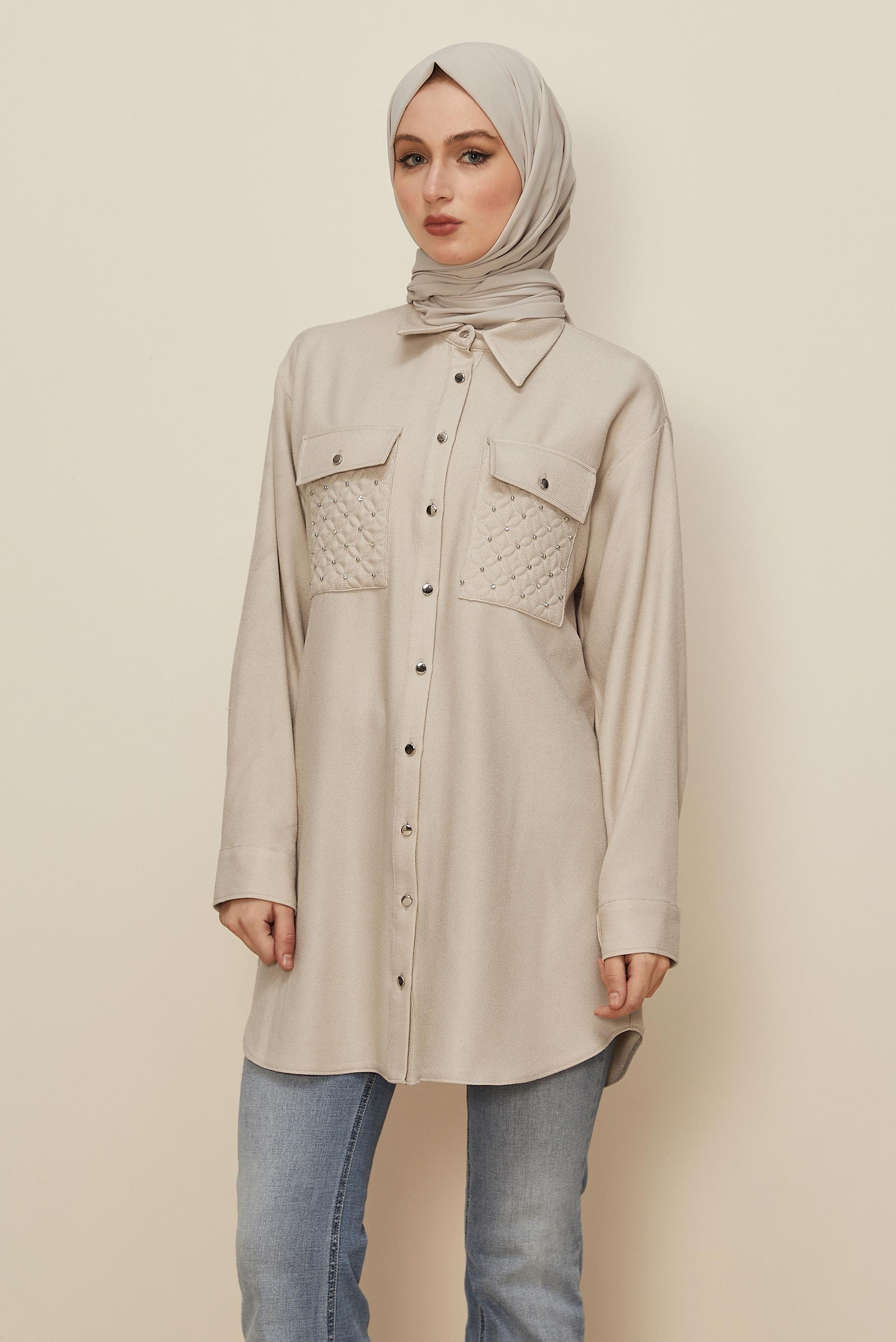 Tesettür giyim EKRU CEP DETAYLI TUNİK 46200