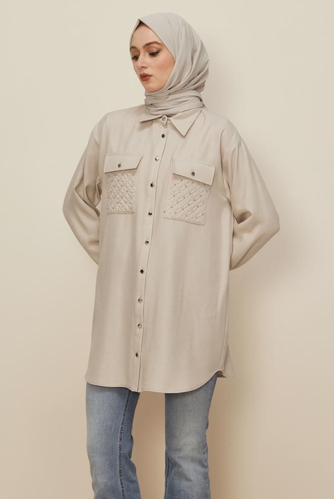 Tesettür giyim EKRU CEP DETAYLI TUNİK 46200 - ALVİNA