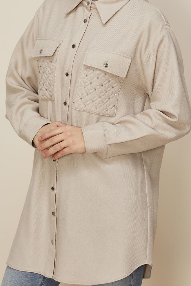 Tesettür giyim EKRU CEP DETAYLI TUNİK 46200 - ALVİNA