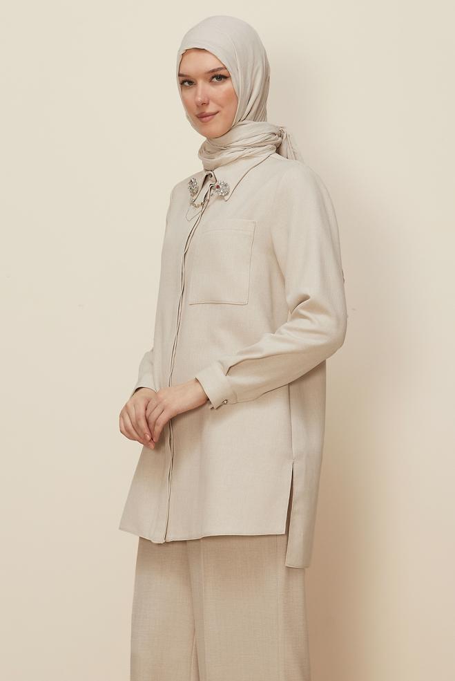 Tesettür giyim BEJ GÖMLEK YAKA TUNİK 46201 - ALVİNA