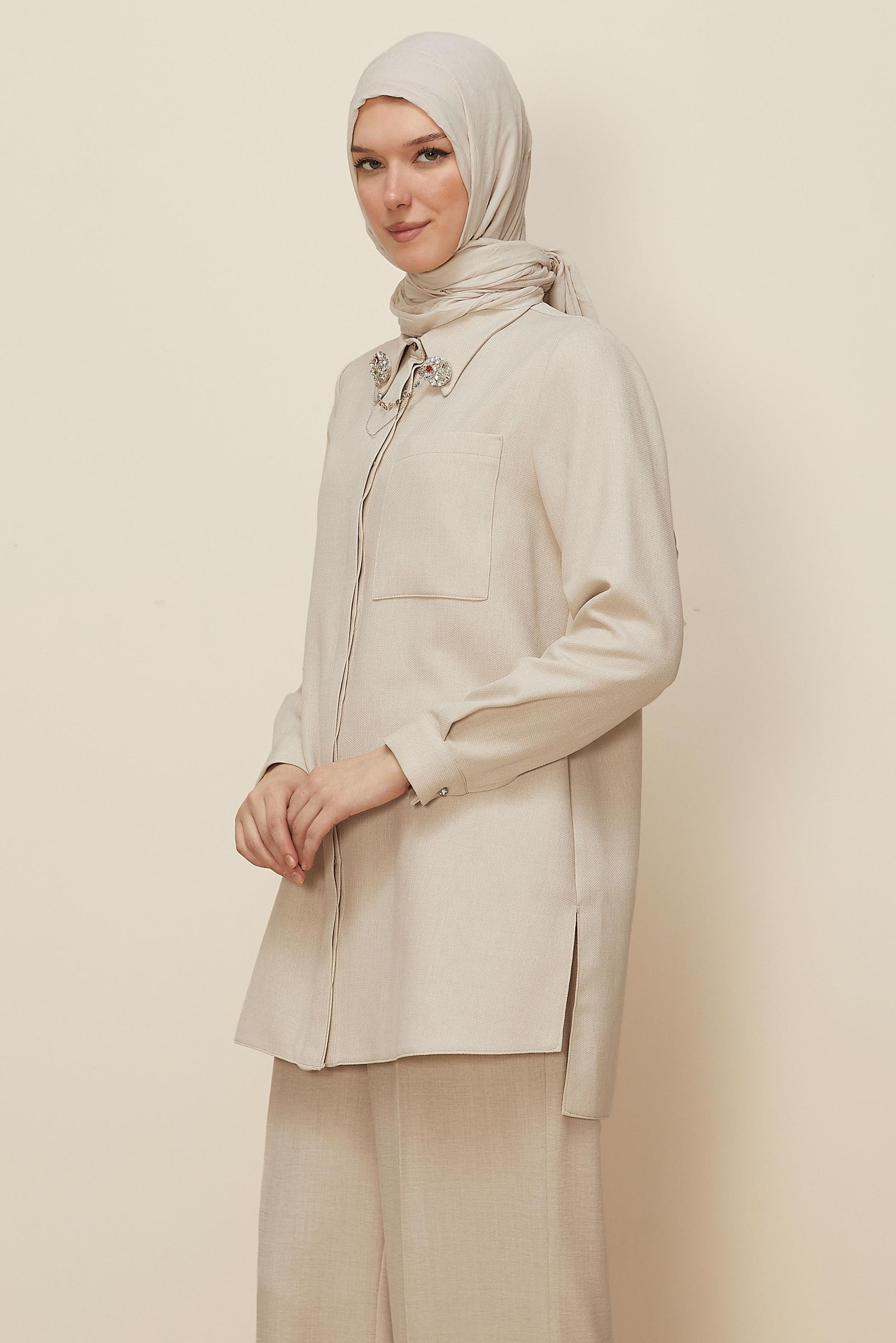 Tesettür giyim BEJ GÖMLEK YAKA TUNİK 46201