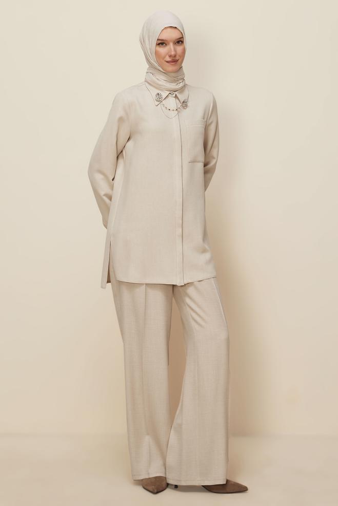 Tesettür giyim BEJ GÖMLEK YAKA TUNİK 46201 - ALVİNA