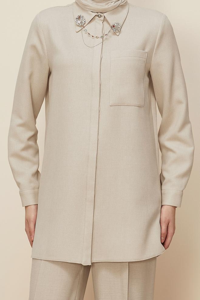 Tesettür giyim BEJ GÖMLEK YAKA TUNİK 46201 - ALVİNA