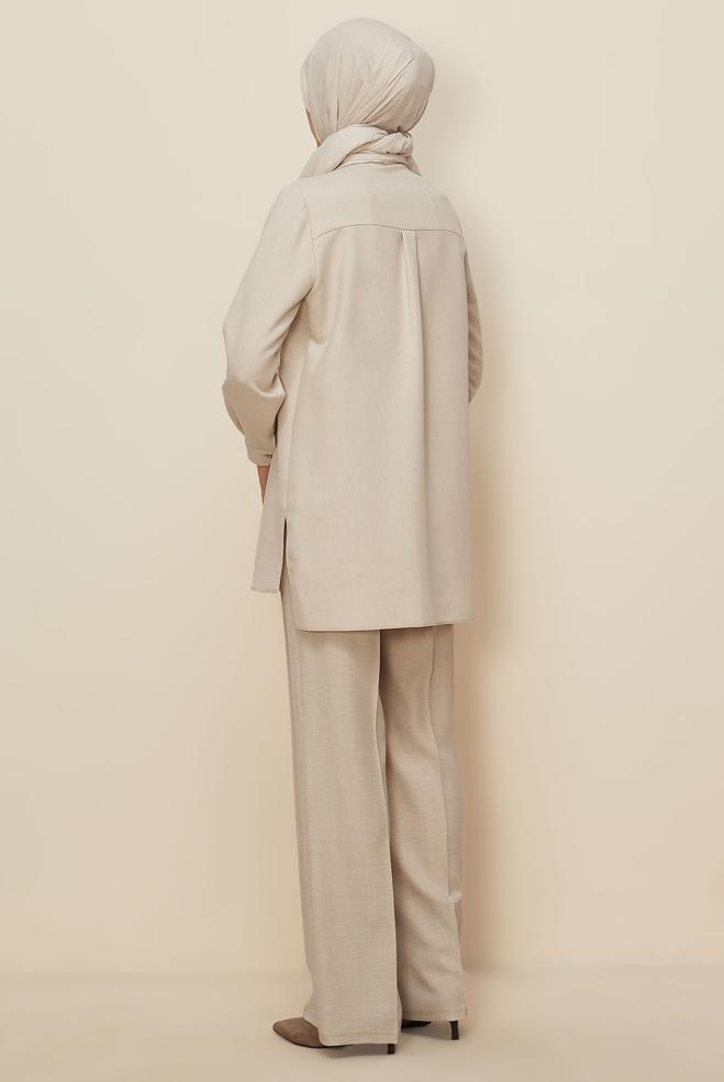 Tesettür giyim BEJ GÖMLEK YAKA TUNİK 46201 - ALVİNA