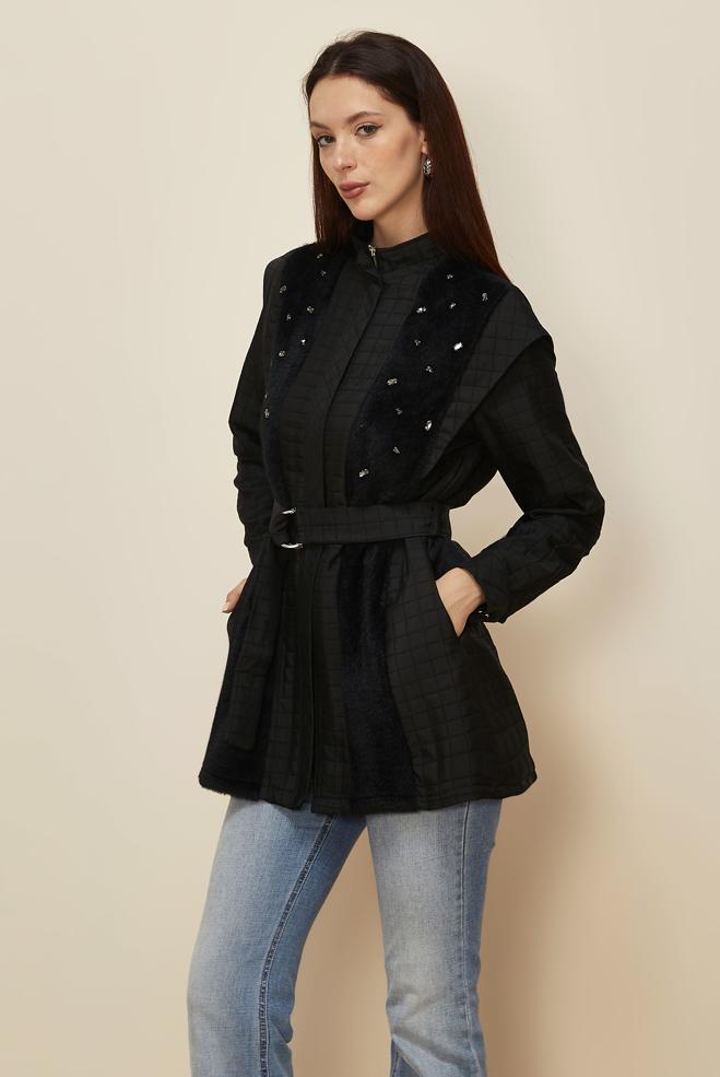 Vêtements hijab NOIR TUNIQUE MATELASSÉE CEINTURÉE 46202 - ALVİNA