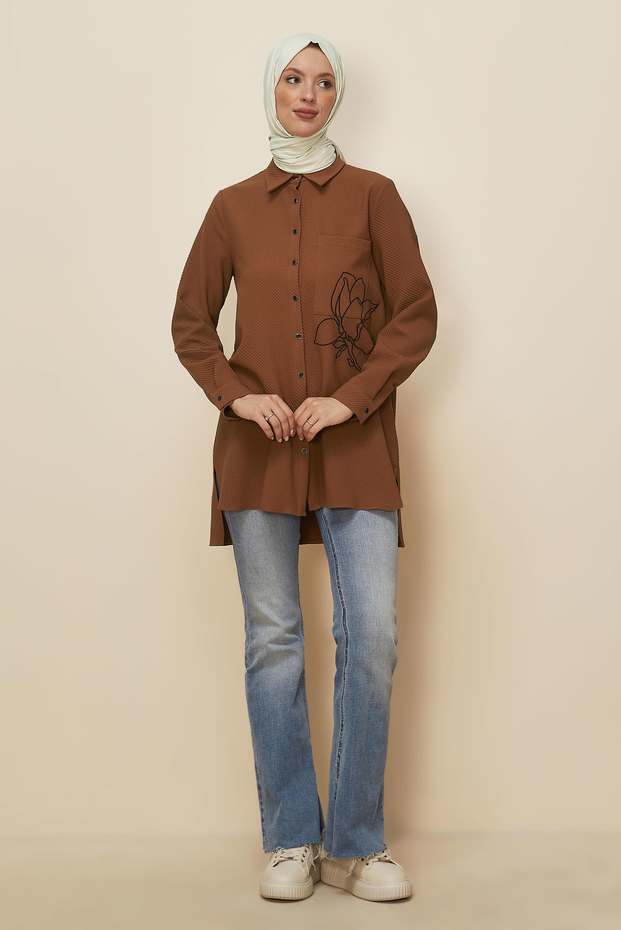 Tesettür giyim TURUNCU ÇİÇEK İŞLEMELİ GÖMLEK YAKA TUNİK 46207