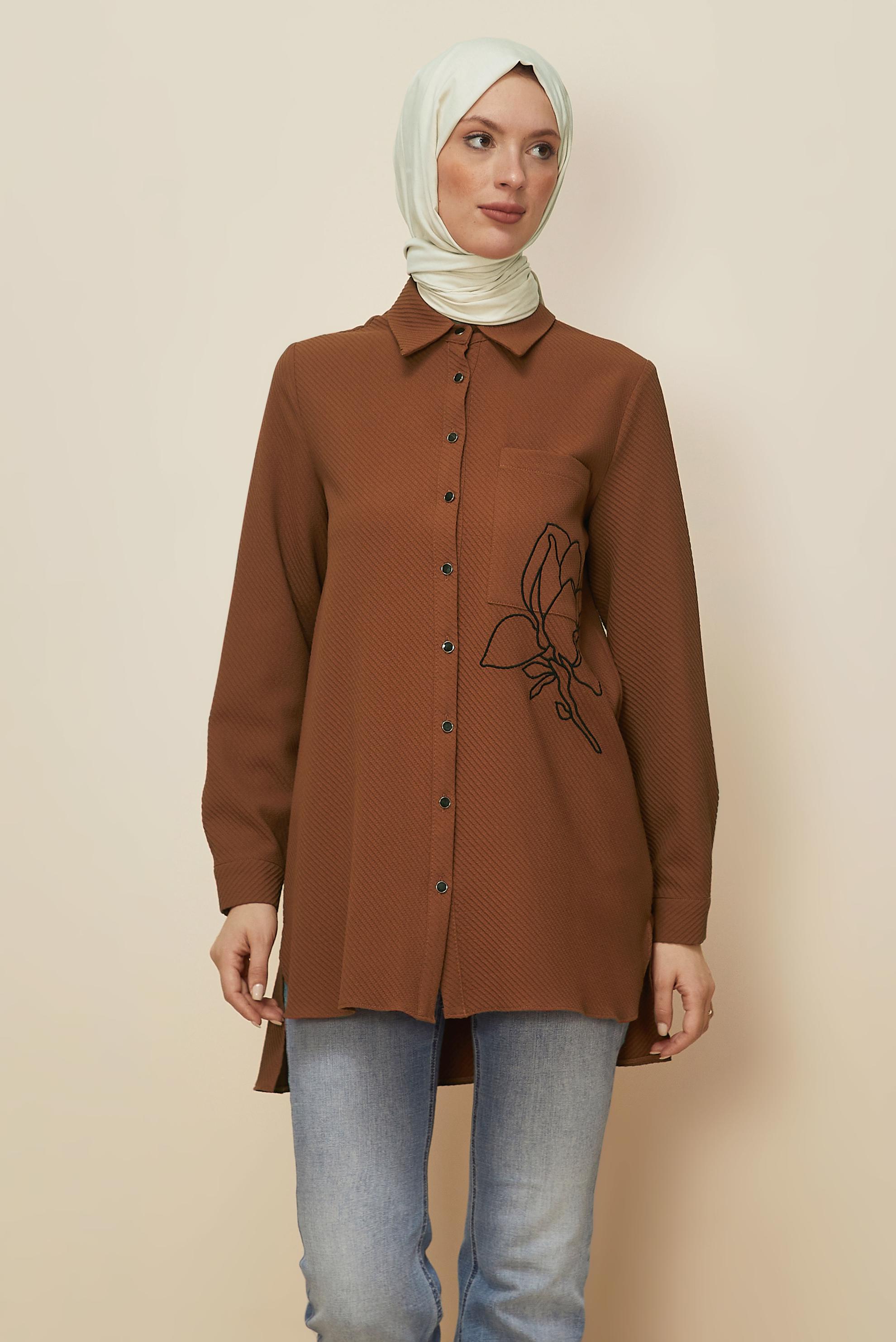 Tesettür giyim TURUNCU ÇİÇEK İŞLEMELİ GÖMLEK YAKA TUNİK 46207