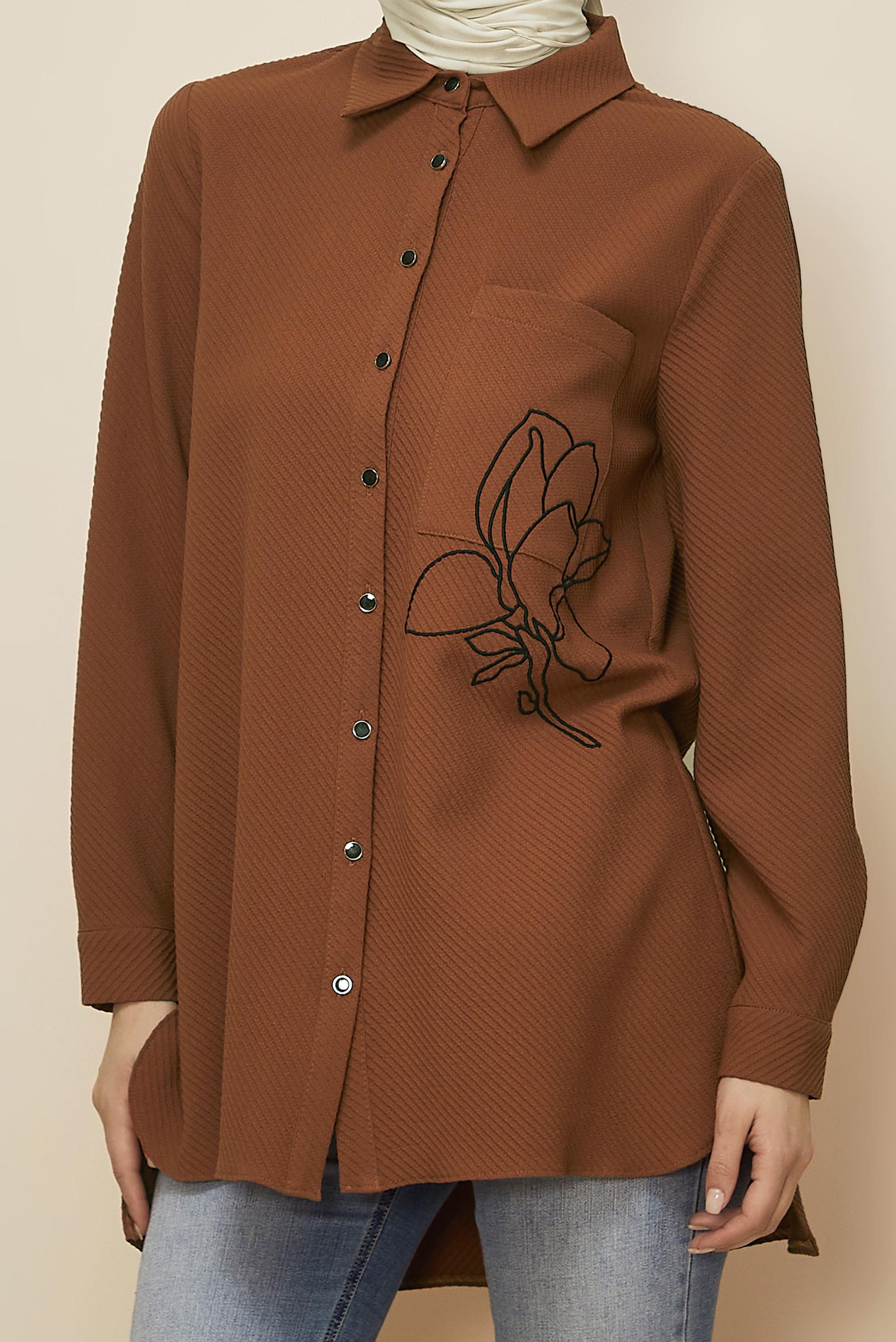 Tesettür giyim TURUNCU ÇİÇEK İŞLEMELİ GÖMLEK YAKA TUNİK 46207