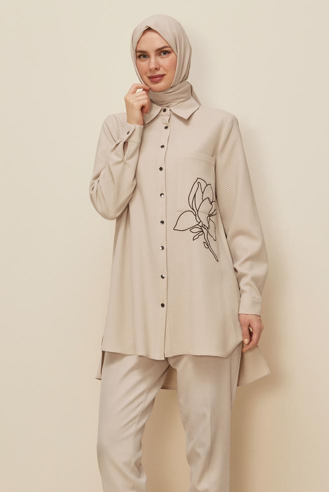 Vêtements hijab BEIGE TUNIQUE COL CHEMISE 46207 - ALVİNA