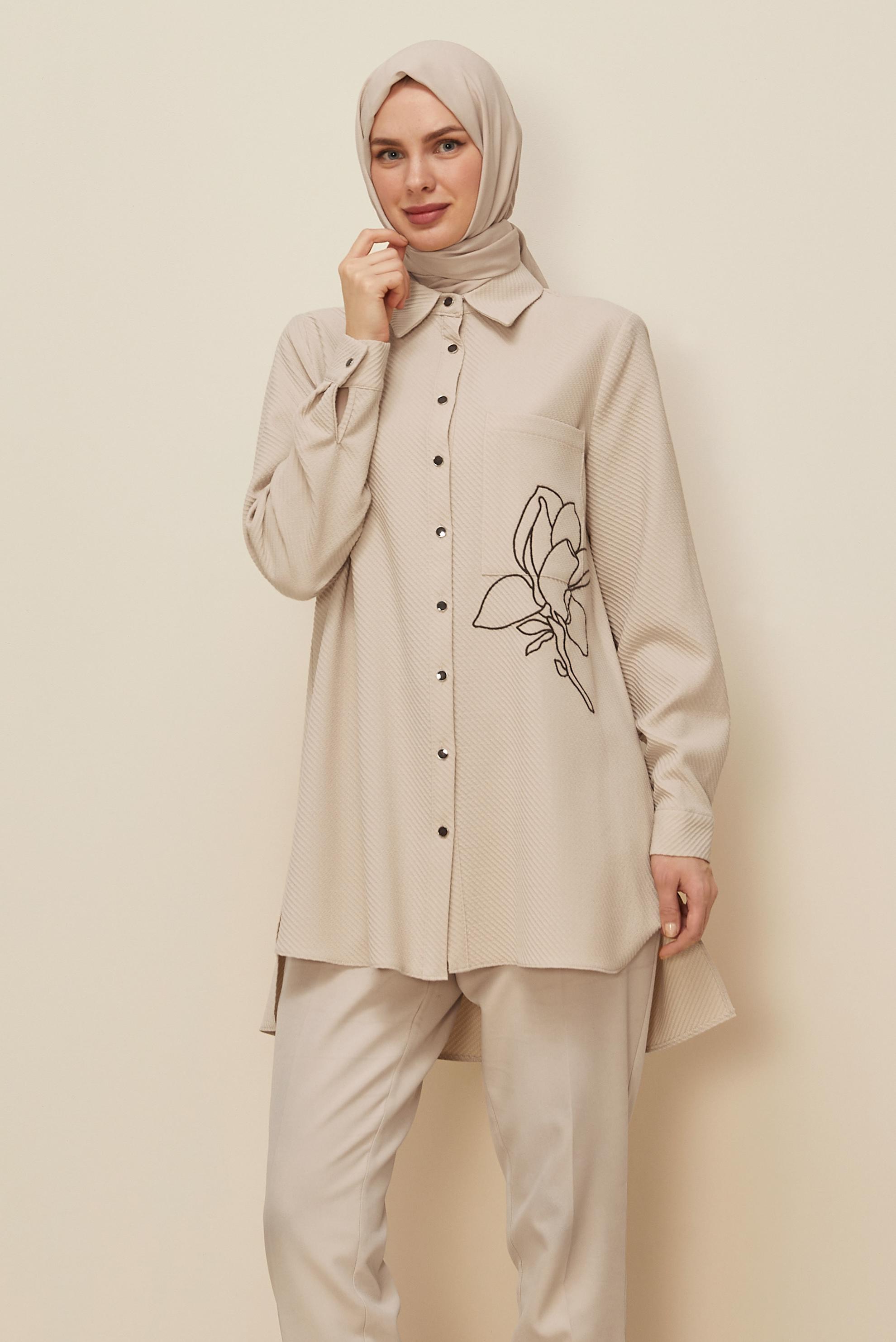 Vêtements hijab BEIGE TUNIQUE COL CHEMISE 46207