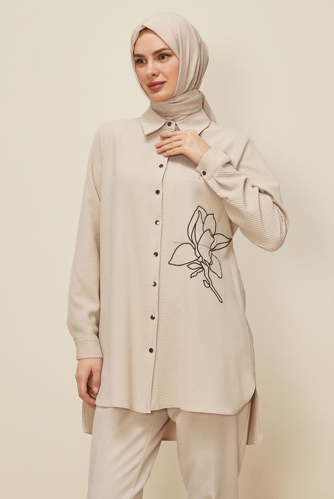 Vêtements hijab BEIGE TUNIQUE COL CHEMISE 46207 - ALVİNA