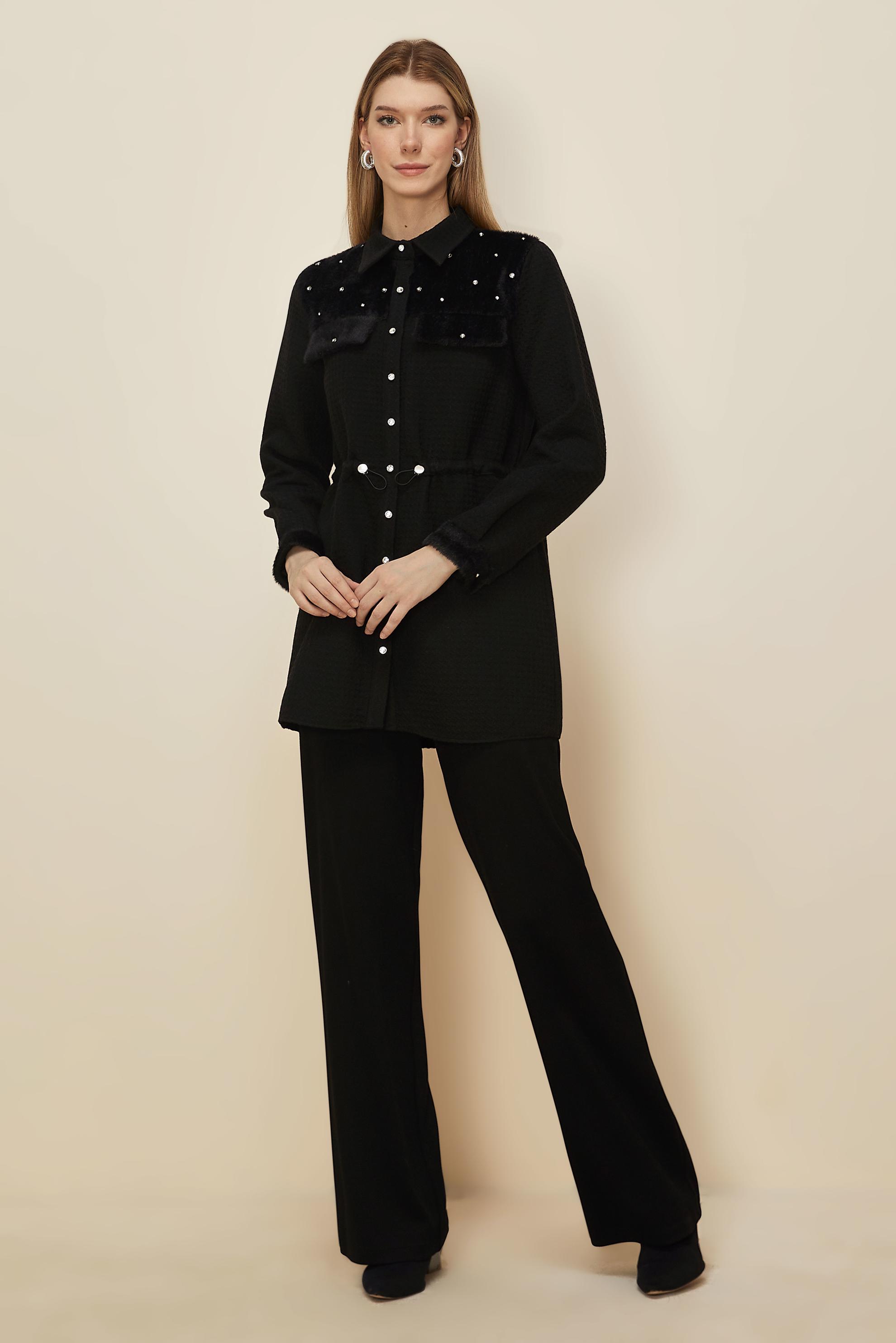 Tesettür giyim SİYAH SUNİ KÜRK DETAYLI TUNİK 46208