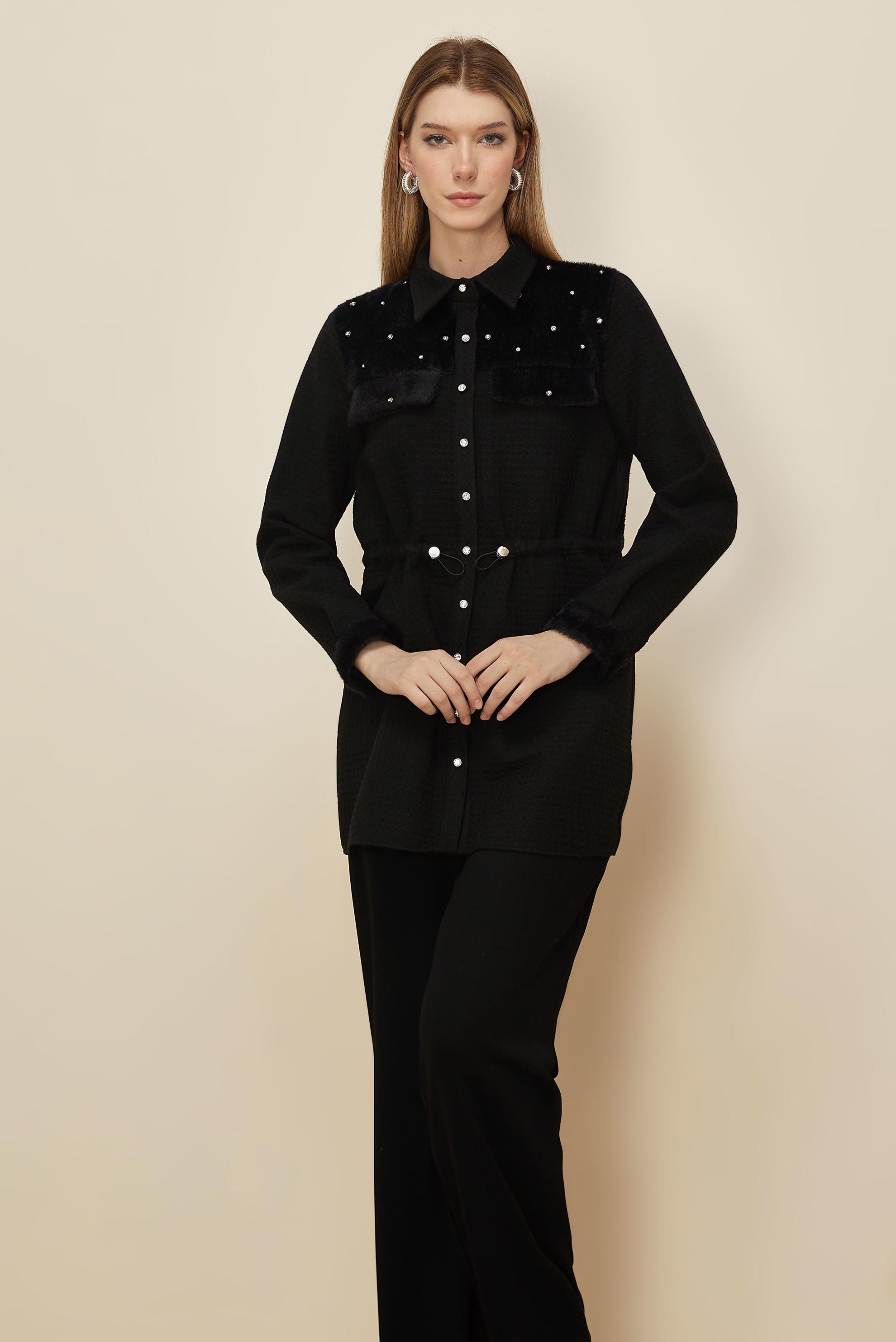 Tesettür giyim SİYAH SUNİ KÜRK DETAYLI TUNİK 46208