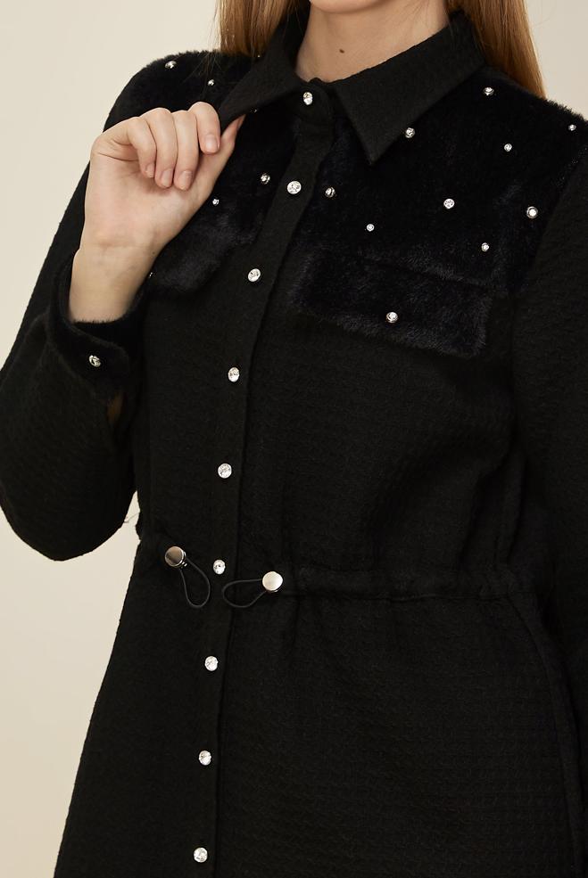 Tesettür giyim SİYAH SUNİ KÜRK DETAYLI TUNİK 46208 - ALVİNA