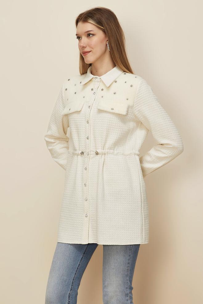 Tesettür giyim BEYAZ SUNİ KÜRK DETAYLI TUNİK 46208 - ALVİNA