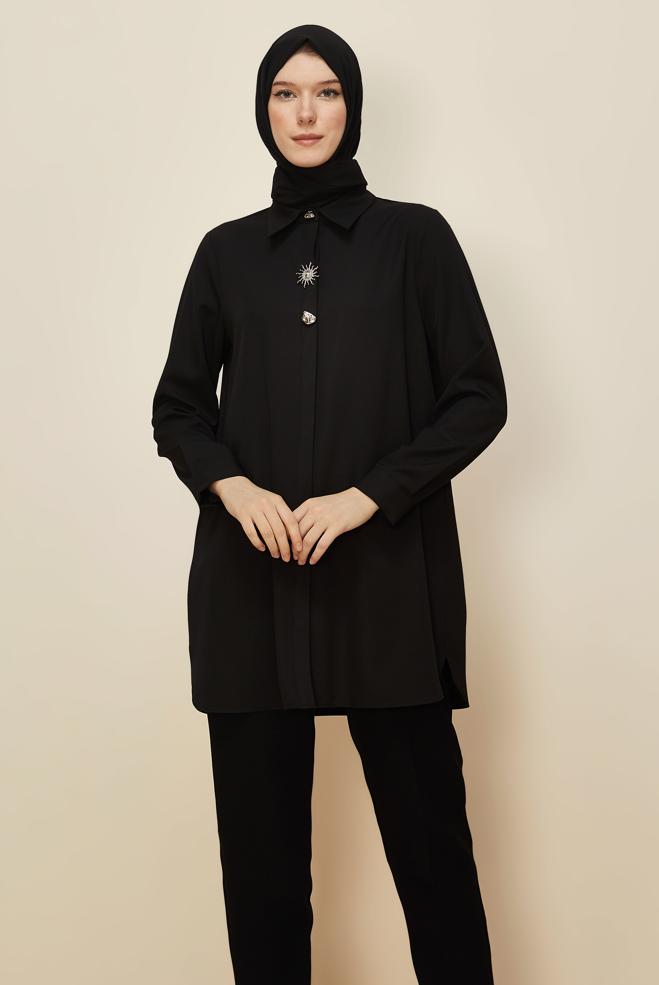 Tesettür giyim SİYAH GÖMLEK YAKA TUNİK 46211 - ALVİNA