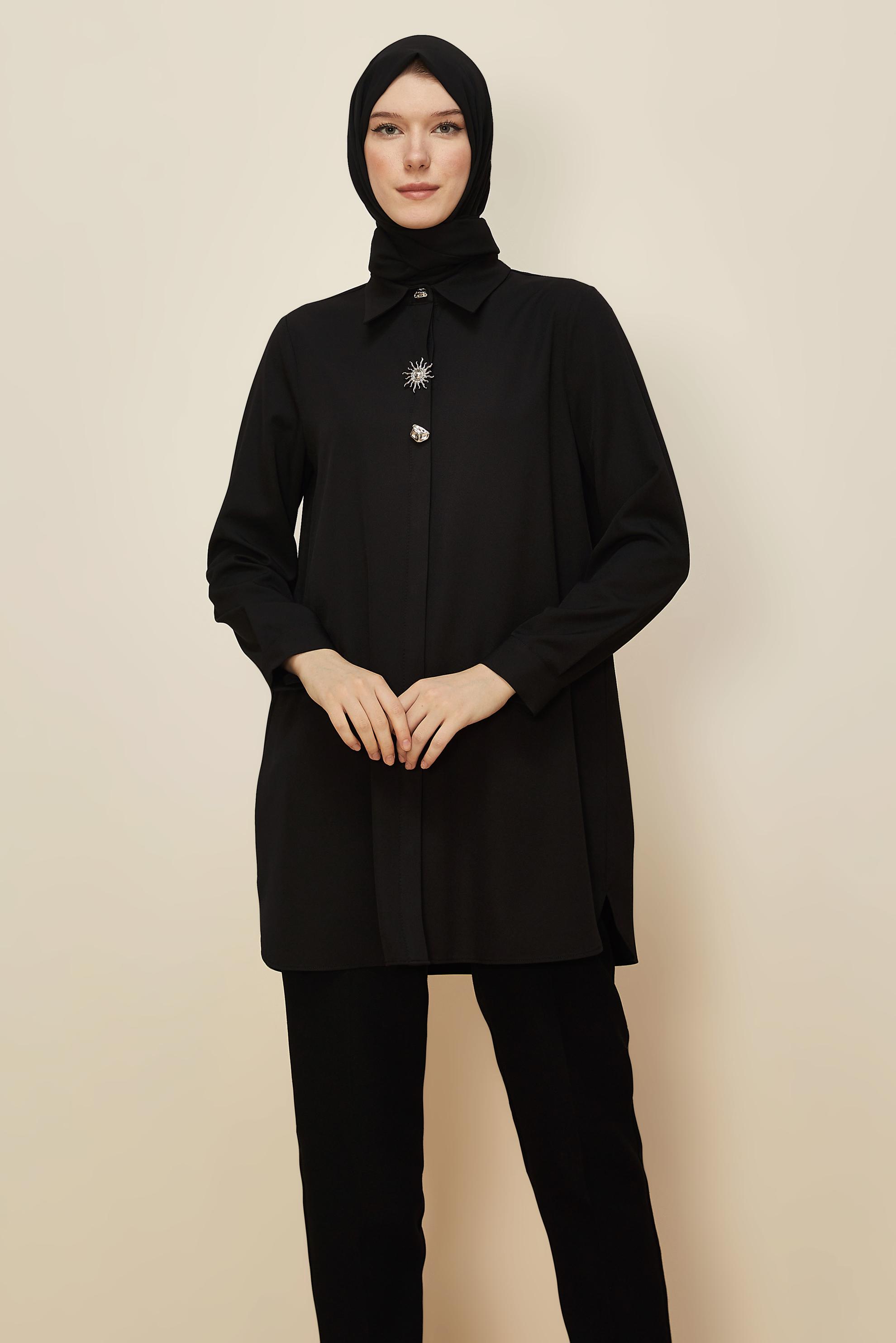 Tesettür giyim SİYAH GÖMLEK YAKA TUNİK 46211