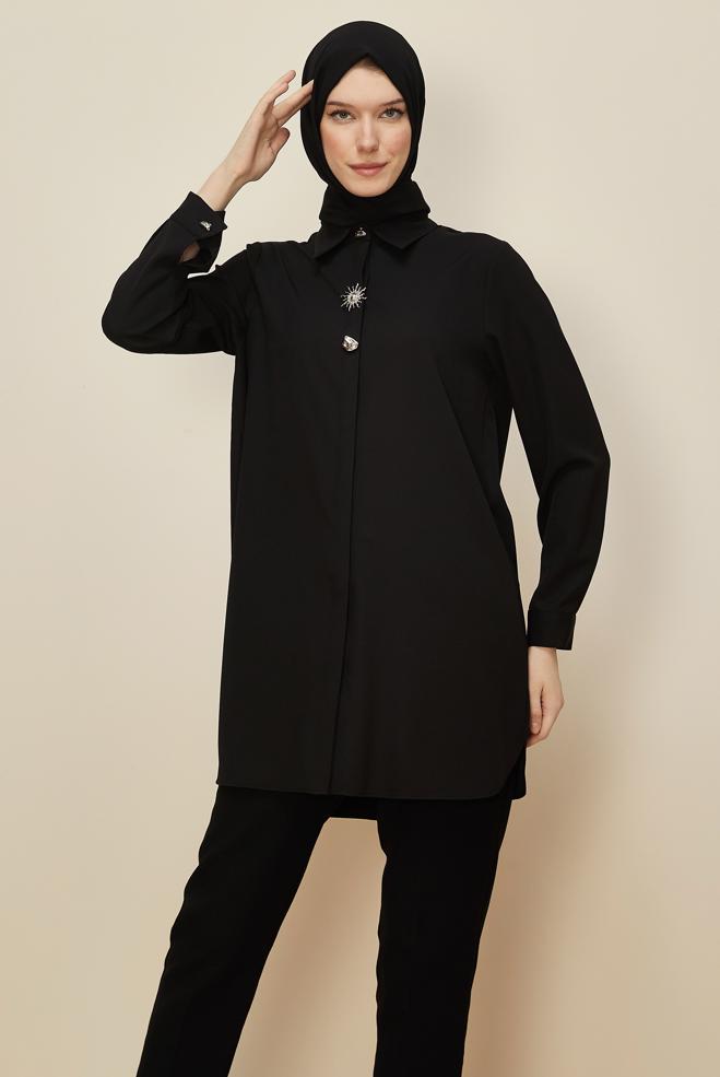 Tesettür giyim SİYAH GÖMLEK YAKA TUNİK 46211 - ALVİNA