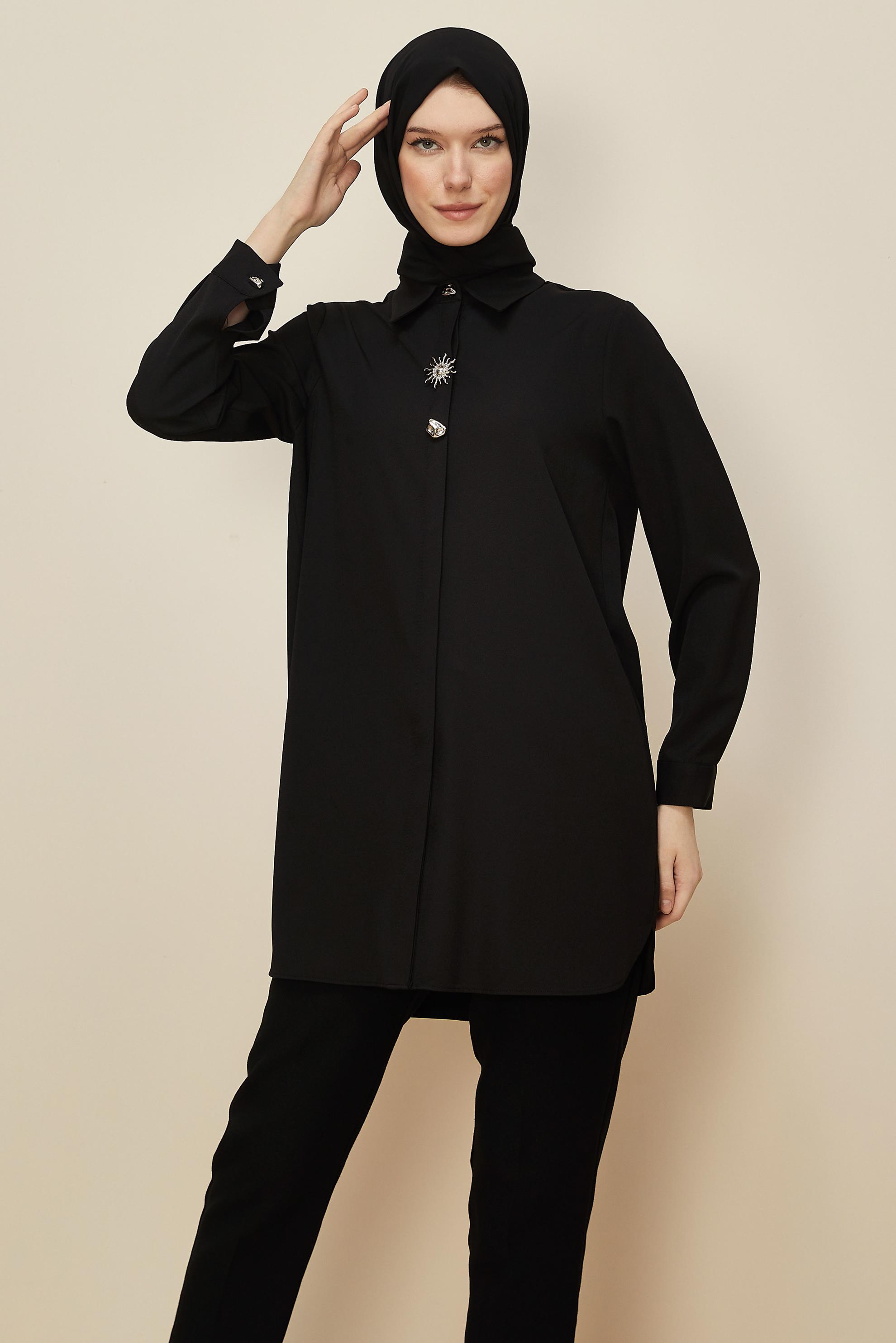 Tesettür giyim SİYAH GÖMLEK YAKA TUNİK 46211