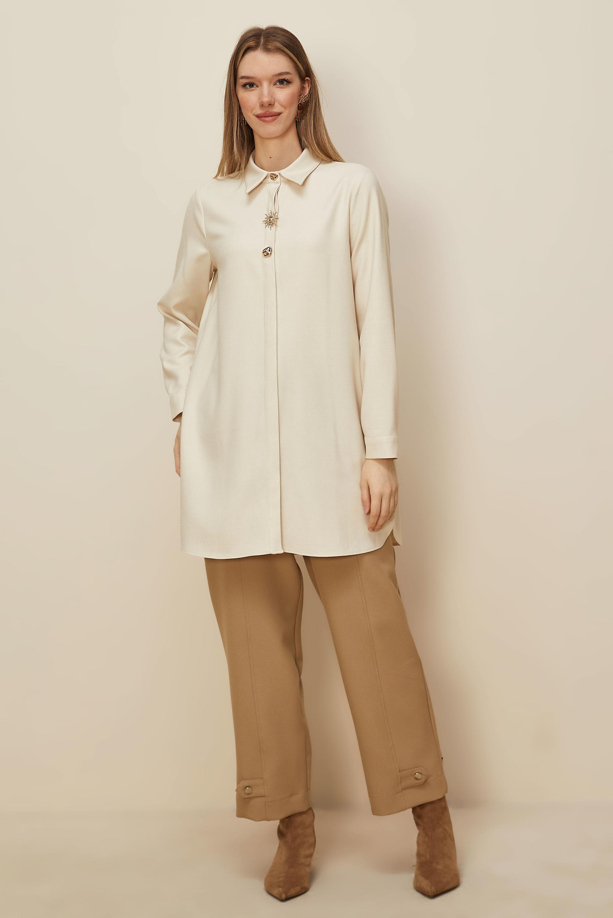 Tesettür giyim BEJ GÖMLEK YAKA TUNİK 46211