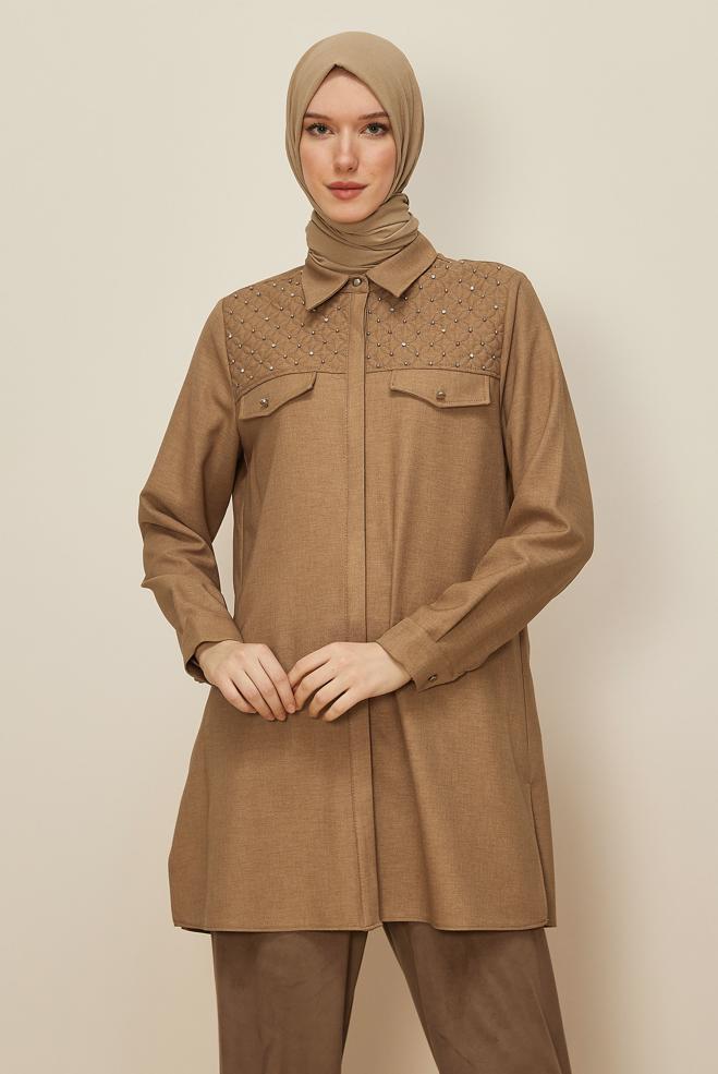 Tesettür giyim KAHVE GÖMLEK YAKA TUNİK 46212 - ALVİNA
