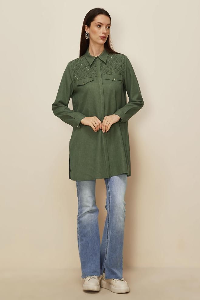 Hijab clothing KHAKI SHIRT COLLAR TUNIC 46212 - ALVİNA