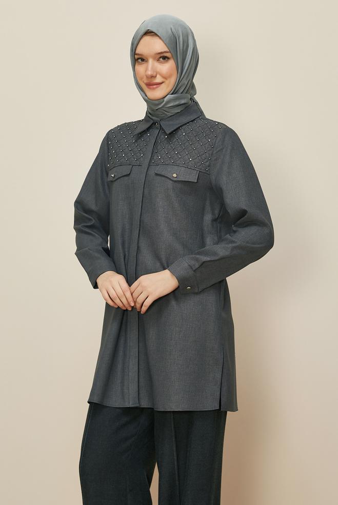Tesettür giyim GRİ GÖMLEK YAKA TUNİK 46212 - ALVİNA