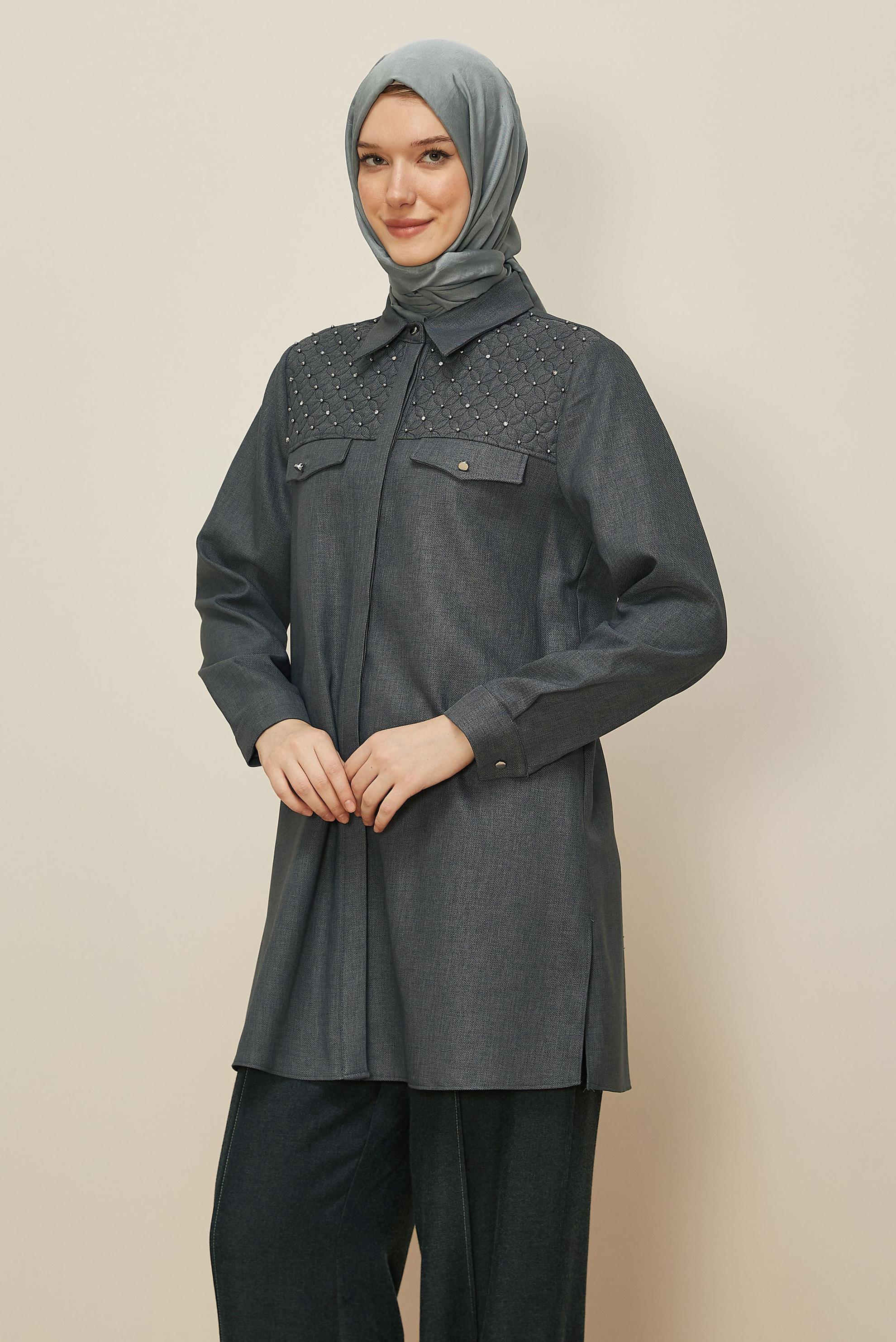 Tesettür giyim GRİ GÖMLEK YAKA TUNİK 46212
