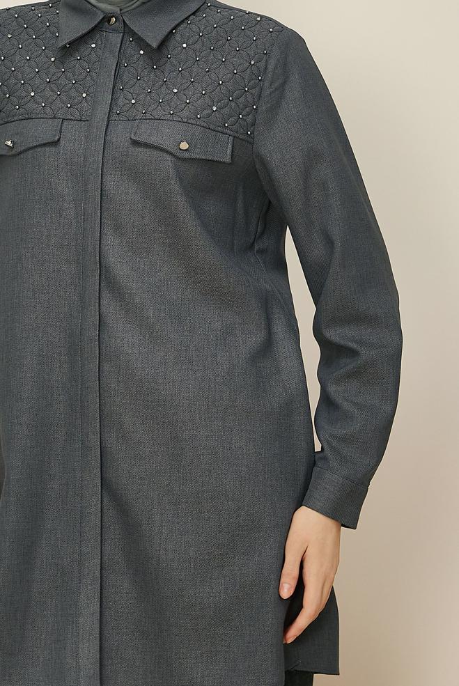 Tesettür giyim GRİ GÖMLEK YAKA TUNİK 46212 - ALVİNA