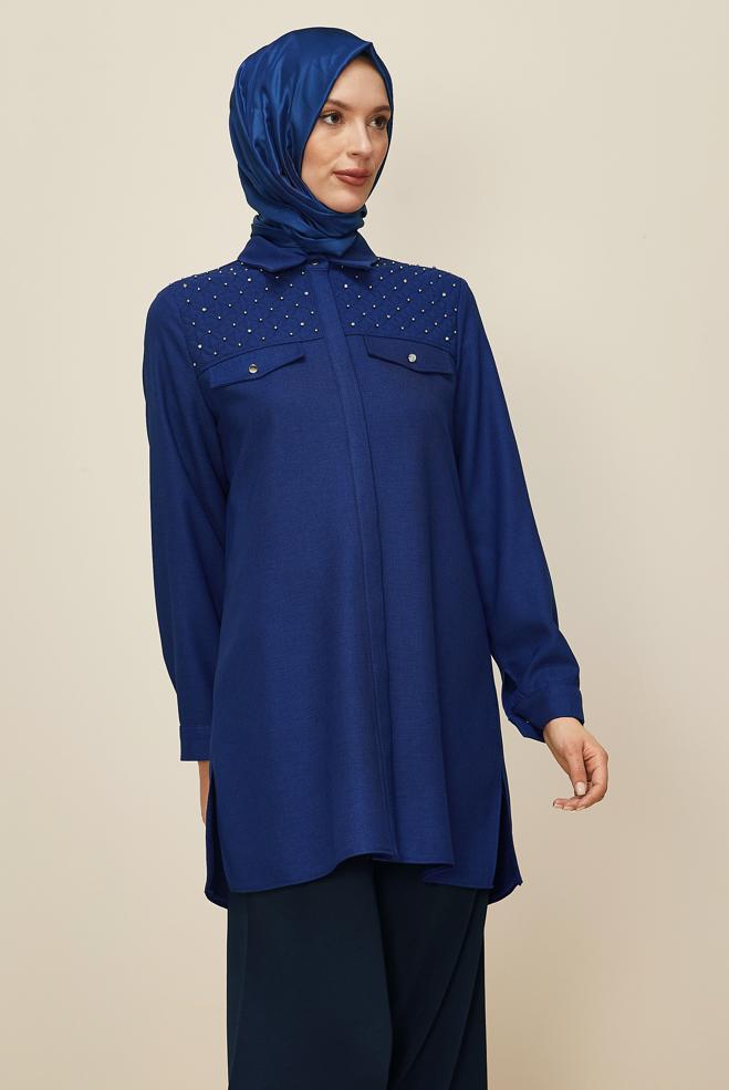 Tesettür giyim LACİVERT GÖMLEK YAKA TUNİK 46212 - ALVİNA