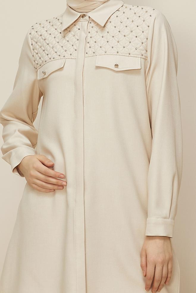 Tesettür giyim EKRU GÖMLEK YAKA TUNİK 46212 - ALVİNA