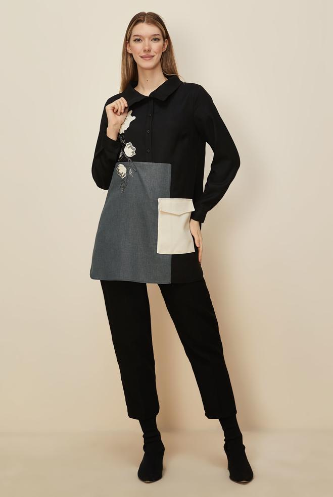 Hijab clothing BLACK SHIRT COLLAR TUNIC 46213 - ALVİNA