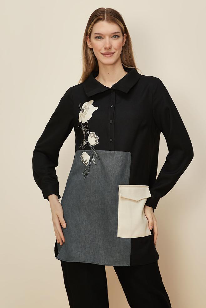 Hijab clothing BLACK SHIRT COLLAR TUNIC 46213 - ALVİNA