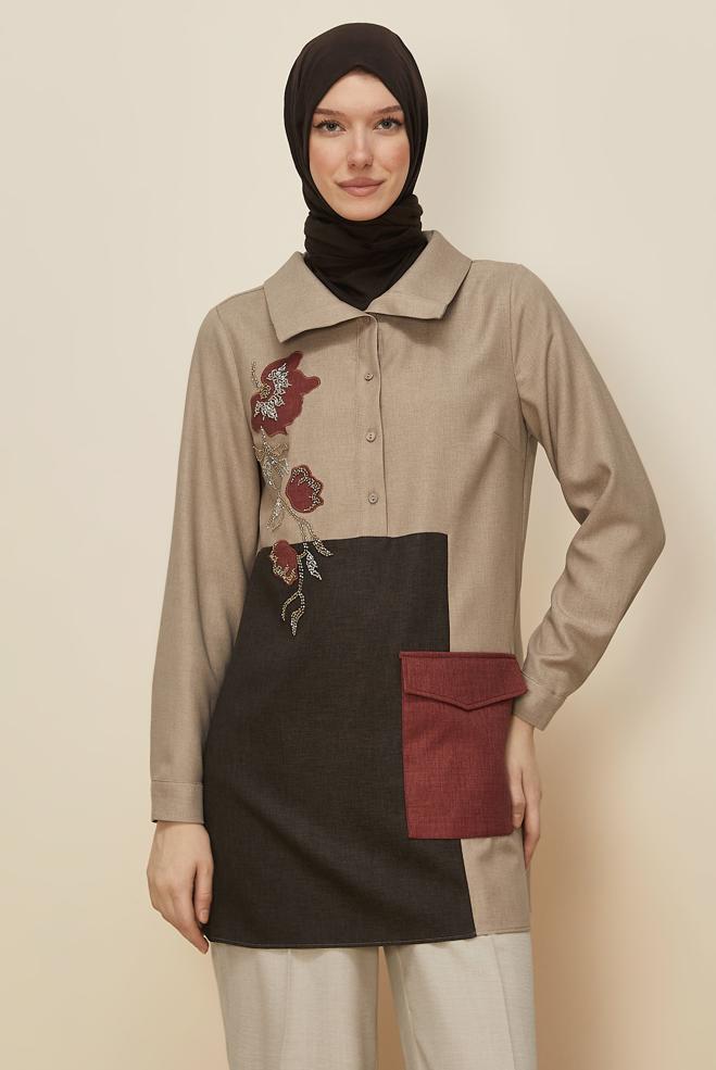 Hijab clothing BEIGE SHIRT COLLAR TUNIC 46213 - ALVİNA