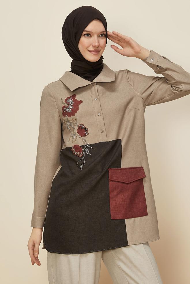 Hijab clothing BEIGE SHIRT COLLAR TUNIC 46213 - ALVİNA