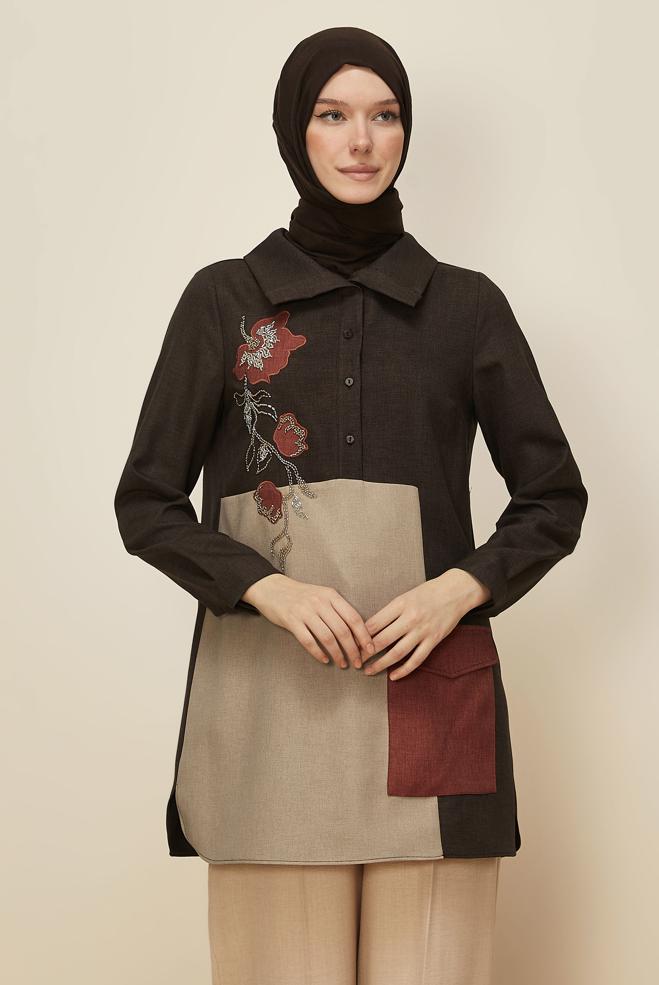 Hijab clothing BROWN SHIRT COLLAR TUNIC 46213 - ALVİNA