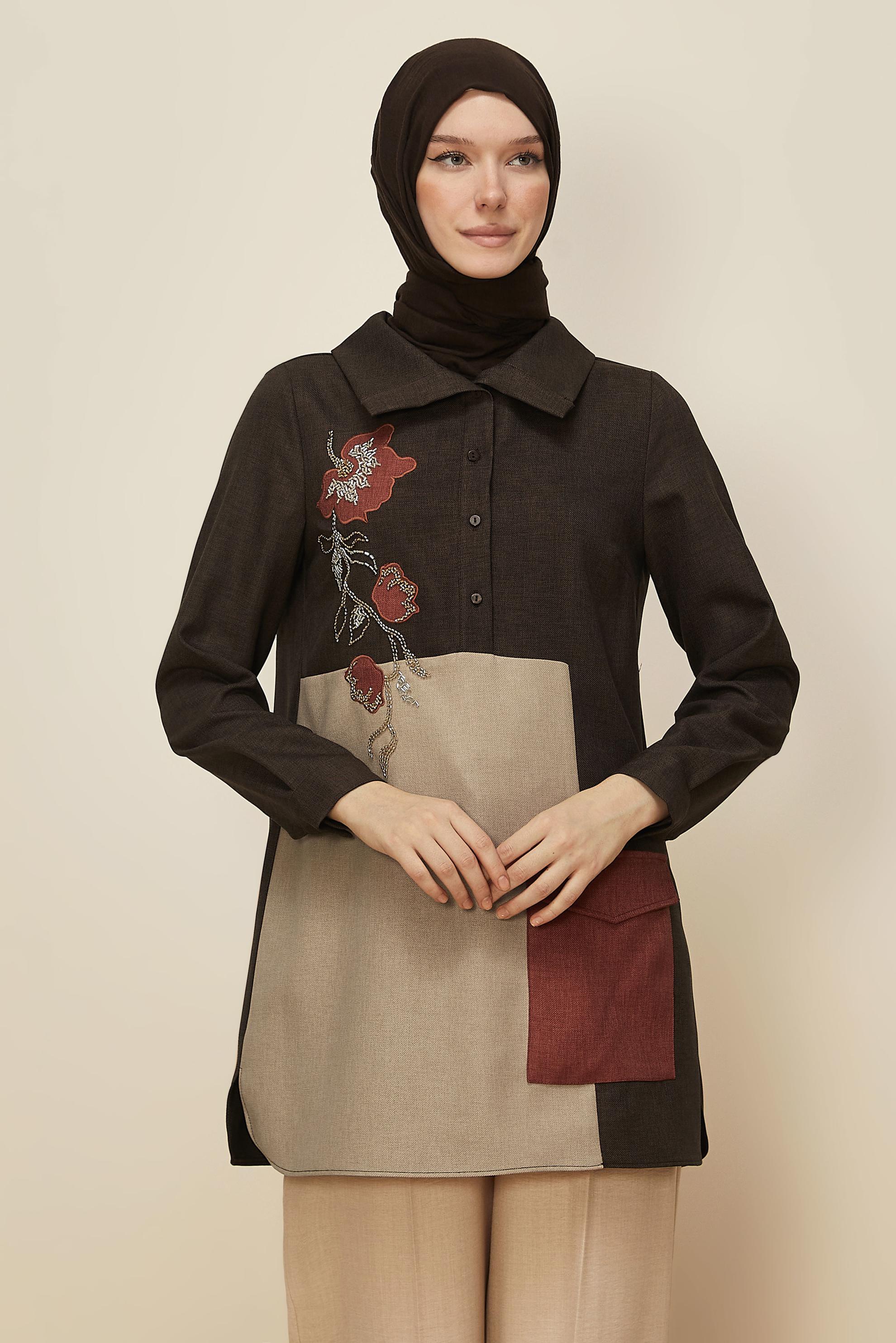 Tesettür giyim KAHVE GÖMLEK YAKA TUNİK 46213