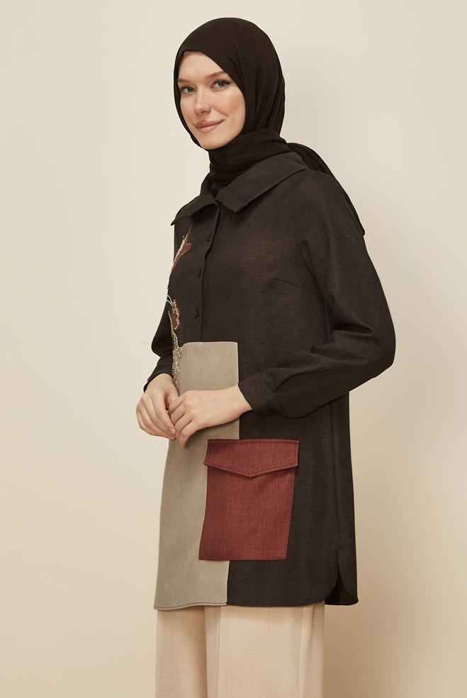 Hijab clothing BROWN SHIRT COLLAR TUNIC 46213 - ALVİNA