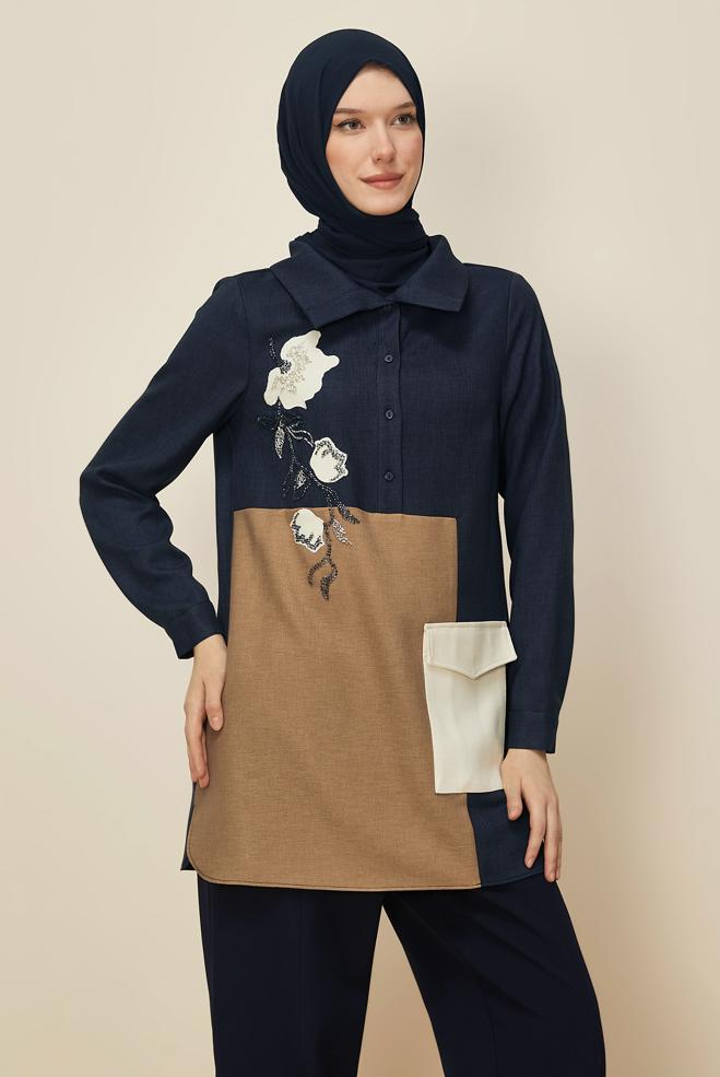 Hijab clothing NAVY BLUE SHIRT COLLAR TUNIC 46213 - ALVİNA