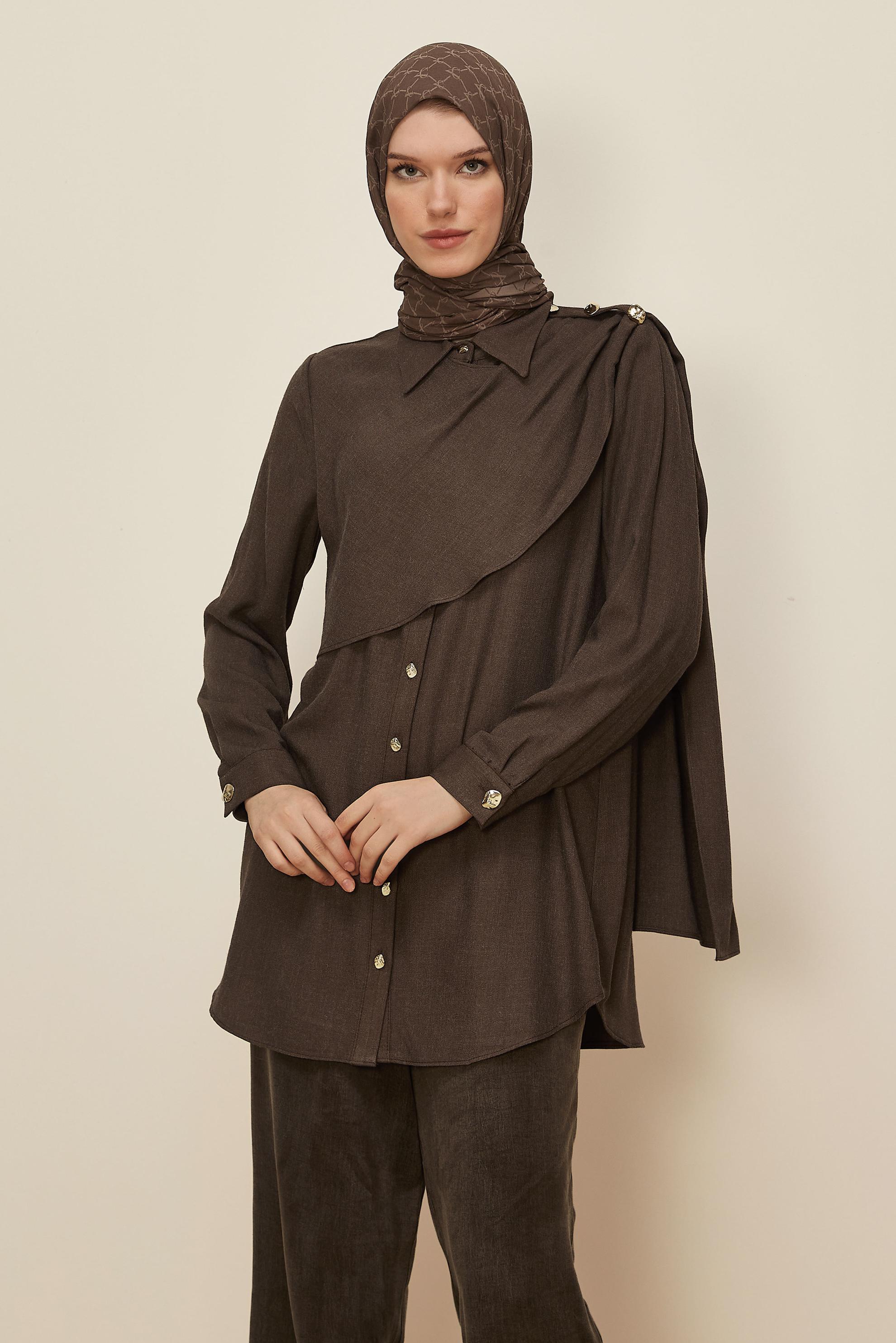 Tesettür giyim KAHVE ŞAL DETAYLI TUNİK 46226