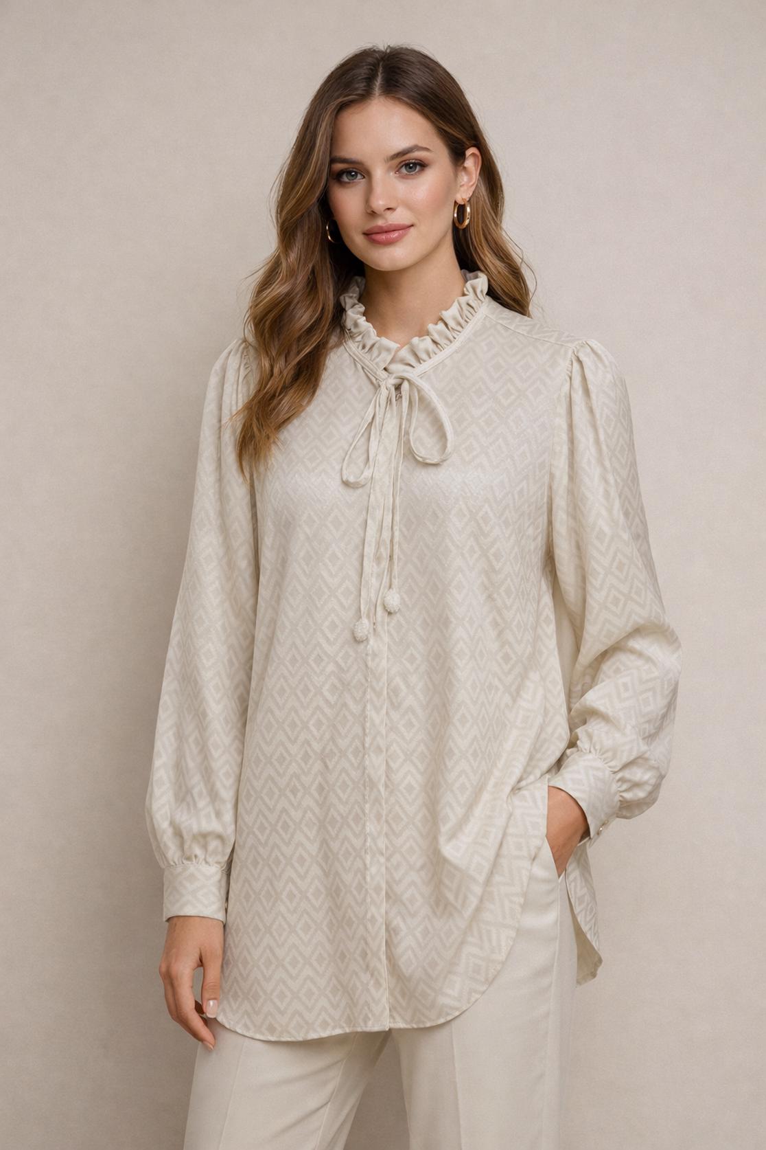 Tesettür giyim EKRU BAĞLAMA DETAYLI JAKAR TUNİK 46227