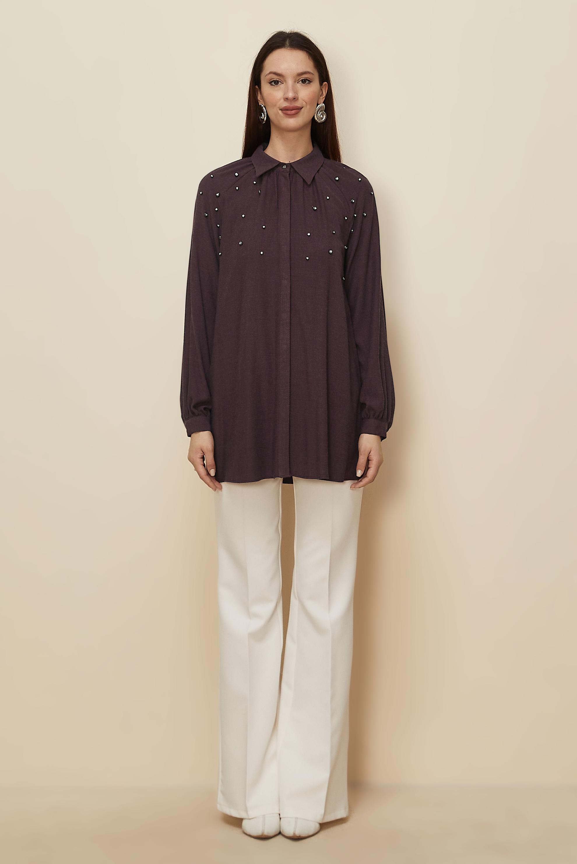 Tesettür giyim BORDO TAŞ İŞLEME DETAYLI TUNİK 46228