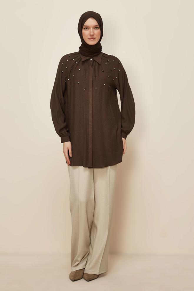 Tesettür giyim KAHVE TAŞ İŞLEME DETAYLI TUNİK 46228 - ALVİNA