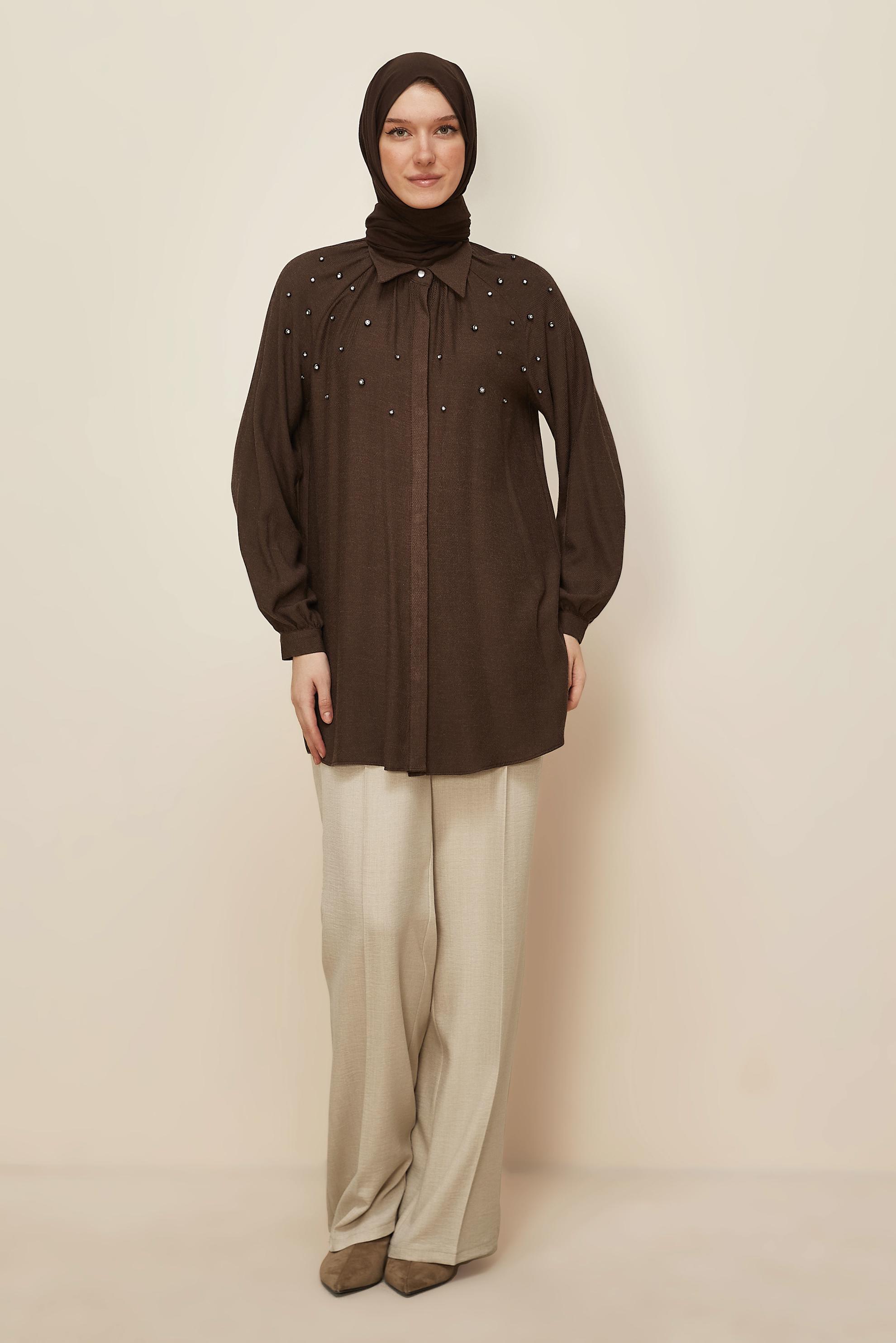 Tesettür giyim KAHVE TAŞ İŞLEME DETAYLI TUNİK 46228