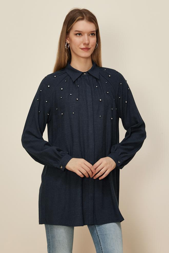 Tesettür giyim LACİVERT TAŞ İŞLEME DETAYLI TUNİK 46228 - ALVİNA