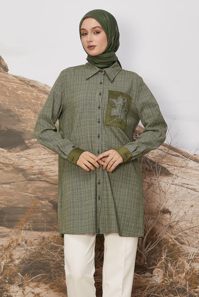 Hijab clothing KHAKI BEAD EMBROIDERED TUNIC 46230 - ALVİNA